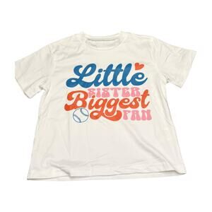 Little Sister Biggest Fan Shirt Kids Size 3-4Y White Baseball Theme